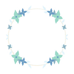 Minimalist Illustration of a Round Blue Floral Frame, Featuring Elegant Flowers in a Modern Art Style