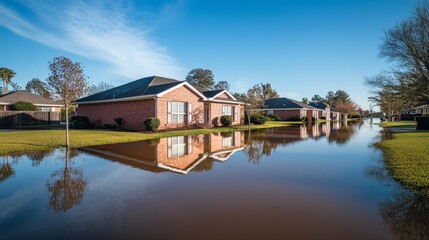 Fototapeta premium Flooded residential area in daylight, showcasing standing water