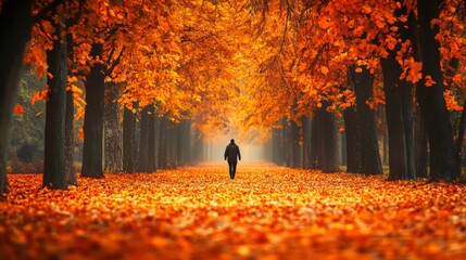 A lone figure walking down a leaf-covered path in an autumn park Generative AI