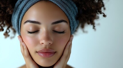 A woman feels good with her eyes closed after spa treatments, against a white background.