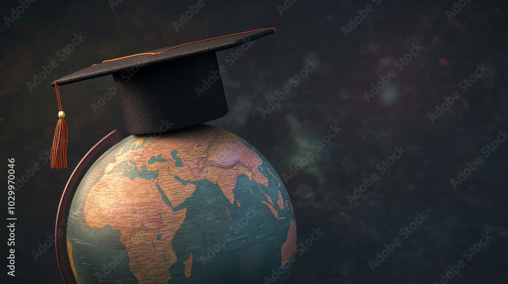 Poster a 3d illustration shows a graduation cap on a globe representing an online distance learning program