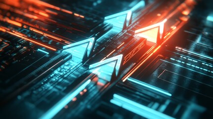Obraz premium Glowing blue and red arrows over a circuit background