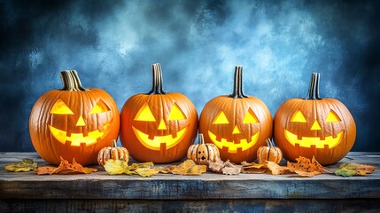 Four Jack o' Lantern Pumpkins Lit Up on Wooden Table for Halloween Simple Neutral Background with Free Space for Design