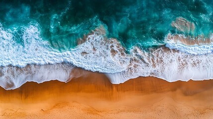 Naklejka premium Aerial view of turquoise ocean waves crashing on a sandy beach, perfect for travel and tourism websites, brochures, and social media posts