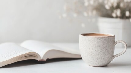 A Minimalist Image of a Book and Coffee on a Clean Table Representing Relaxation and Quiet Moments Generative AI