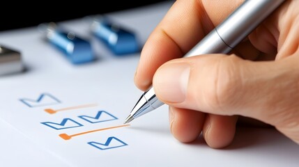 Fototapeta premium Streamlined Clip Art Style Checklist Depicting the Ease of Task Management and Productivity with a Person Holding a Pen on a Clean Futuristic White Background