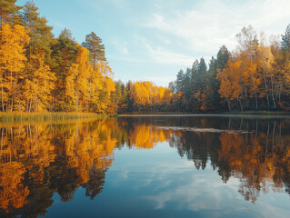 Golden autumn trees and evergreens reflecting on a calm lake under a blue sky.