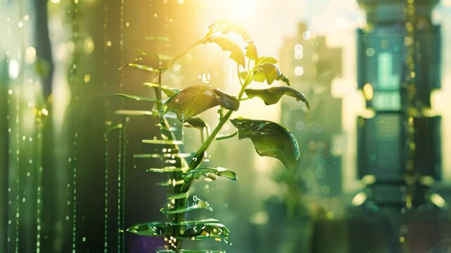 Plant growth in a cityscape digitally represents biotechnology reshaping urban spaces, Portray the potential of biotechnology to shape the future of humanity in a creative way