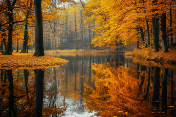 Autumn forest with golden leaves reflecting on a calm lake in the morning.