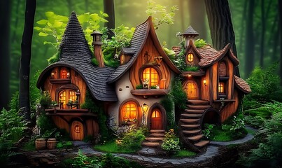 Fototapeta premium Enchanted Woodland Cottage with Glowing Windows