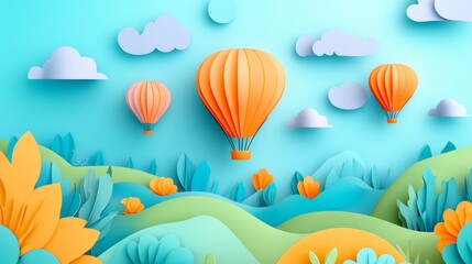 Balloons over a vibrant paper landscape in daylight
