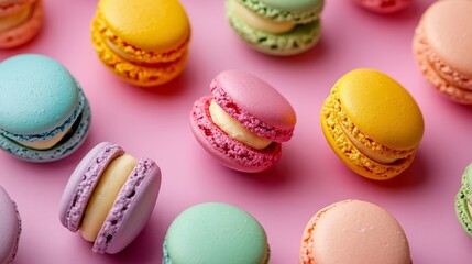 Obraz premium Macarons on a pink background for a sweet display