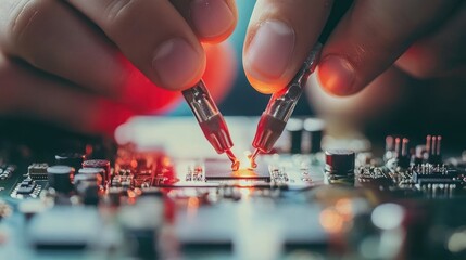 Close-up of hands soldering a circuit board with glowing metal tips.