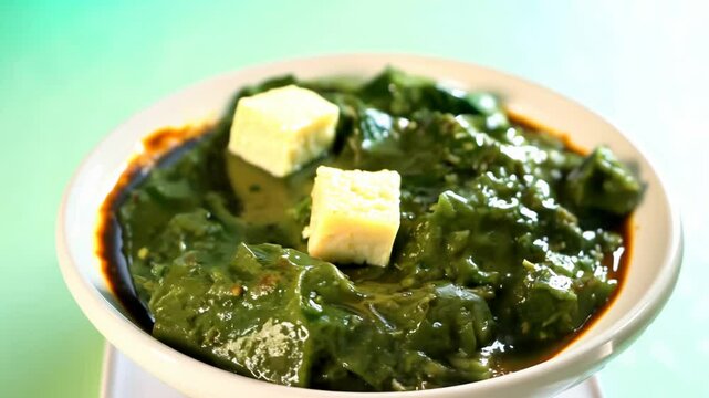 360-degree video of rotating saag paneer with paneer cheese cubes on a pale green background, using three-point lighting