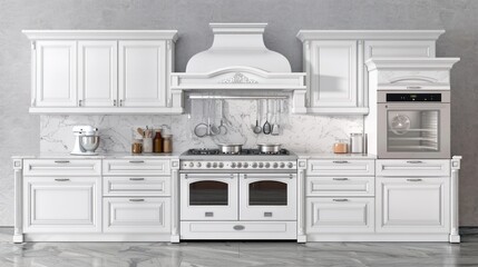 Fototapeta premium White Kitchen with Ornate Range Hood and Stainless Steel Oven