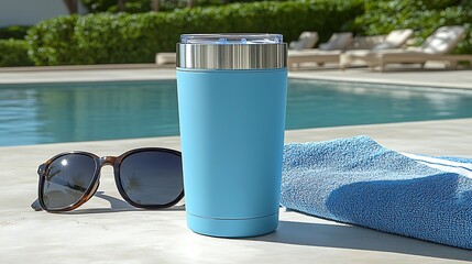 Blue Tumbler on Poolside with Sunglasses and Towel
