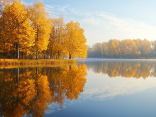 Golden autumn trees perfectly reflected on a peaceful lake under a clear sky.