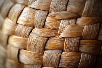 Close-up of a woven wicker basket texture with a warm, natural brown hue.