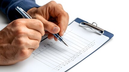 Minimalist and Futuristic Depicting a Person Writing on a Checklist with a Pen Showcasing a Clean and Simple Approach to Task Management and Productivity in a Tetradic Color Scheme