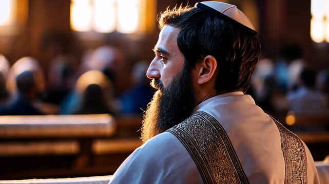 Jewish man in prayer shawl reading in synagogue during worship