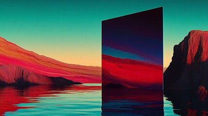 Abstract landscape with a reflection of a large black rectangular prism in the water, creating an enigmatic and surreal atmosphere