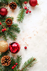 Christmas background: Christmas balls, fir branches and holly berries on white background, top view. Copy space. Banner