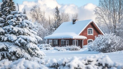 A cozy wooden house surrounded by snow-covered trees in winter