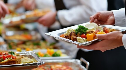 Obraz premium Serving a variety of dishes at a formal catering event in the evening