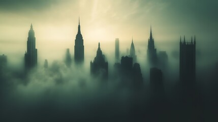 Fototapeta premium Mysterious Cityscape in Dense Fog, Ideal for Atmospheric and Moody Backgrounds Generative AI