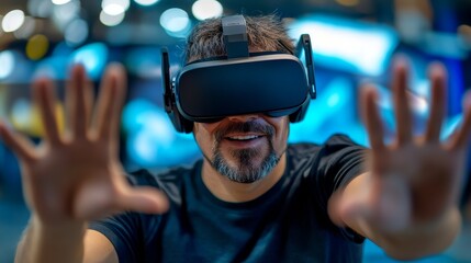Engaged man enjoying virtual reality experience with headset on