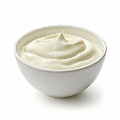 Creamy yogurt in a white bowl, isolated on white background.