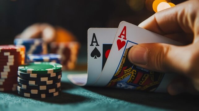 A hand revealing two aces at a poker table during a night game