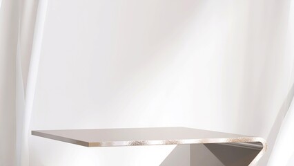 Gold chrome geometric shape podium table, blowing white cloth curtain in sunlight on beige...