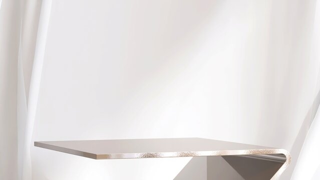 Fototapeta Gold chrome geometric shape podium table, blowing white cloth curtain in sunlight on beige wallpaper wall for luxury, elegant cosmetic, skincare, body care, beauty product display background 3D