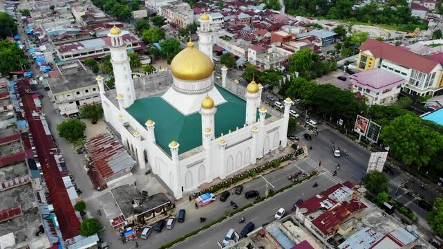 Aerial video of the beauty of the grand mosque in the center of Langsa city, Aceh