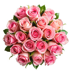 Naklejka premium Bouquet of pink roses top view isolated on transparent background