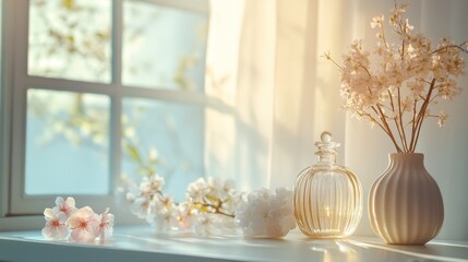 Obraz premium Bright sunlight filters through a window onto a vase of flowers