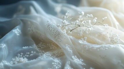 Fototapeta premium Delicate white fabric with floral embellishments indoors at sunrise