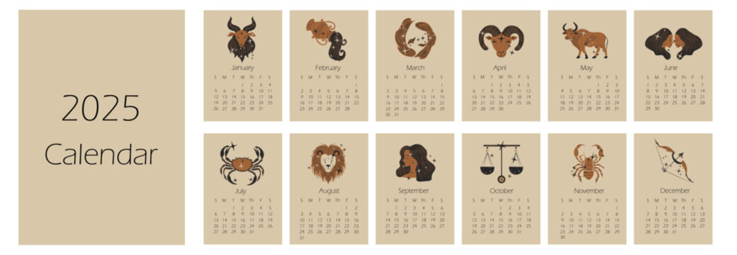2025 calendar with Zodiac signs icons. Horoscope.  Calendar planner minimal style, annual organizer