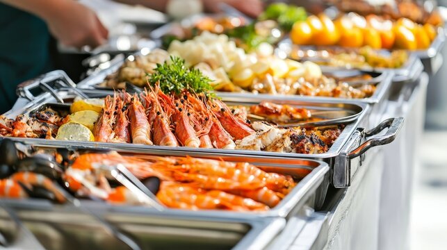 Fresh seafood buffet with diverse dishes and vibrant garnishes