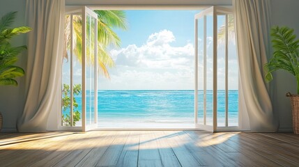 Bright tropical view from a stylish room overlooking the ocean