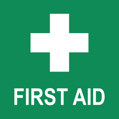 First Aid Sign, Vector Illustration. Green square and white cross symbol with FIRST AID text below