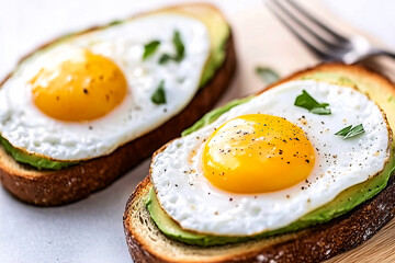Freshly prepared avocado toast topped with poached eggs is artfully arranged on a wooden board, featuring vibrant colors