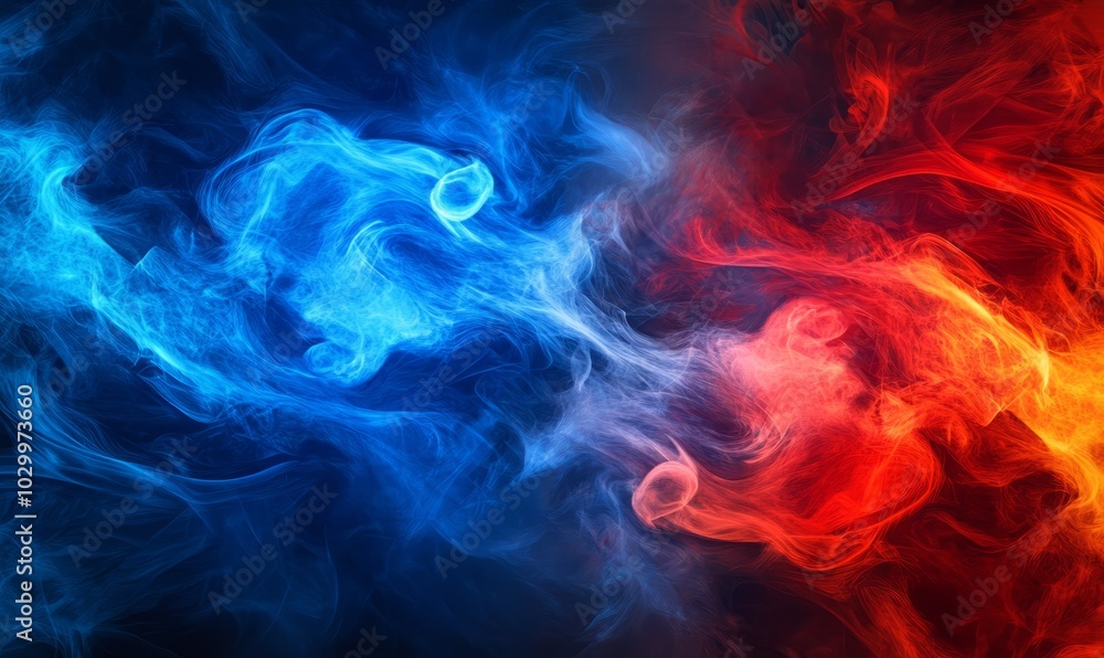 Poster this image shows an intense and dynamic interaction of red and blue abstract smoke with hints of fir