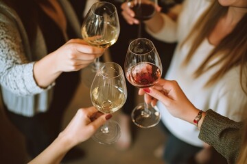 Closeup of three women's hands holding wine glasses filled with white and rose wine, while toasting with a blurred background.
