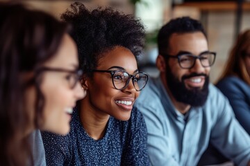 Close-up of three people, two women and one man, wearing eyeglasses and looking in the same direction.