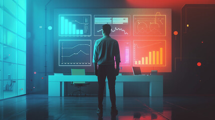 Office Worker Dashboard Presentation Illustration with Blue and Cyan Gradient, Business Data Visualization Concept.
