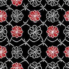 Asanoha Floral Pattern in Red and White on Black Background