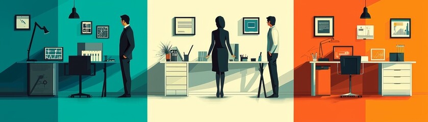 A modern office scene with three individuals interacting in distinct colored sections, showcasing creative collaboration and diverse workspaces.