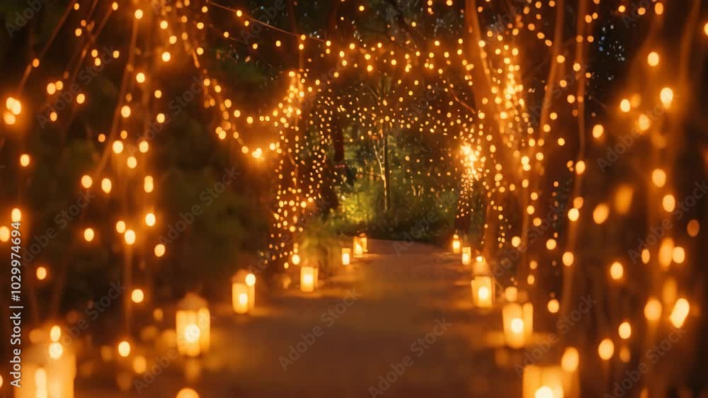 Poster a winding path illuminated by string lights and lanterns in a forested area at night, radiant fairy 